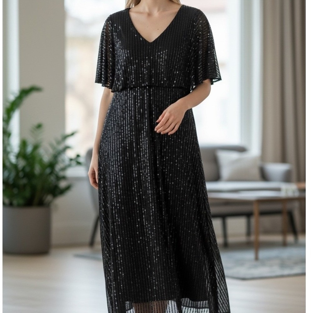 Giffniseti Sequin Gown Women 2XL Black Capelet Sleeve V-Neck Formal Maxi Dress